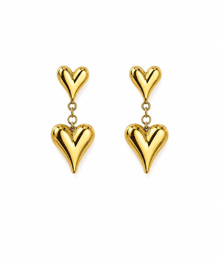 Double Heart Gold Drop Earrings
