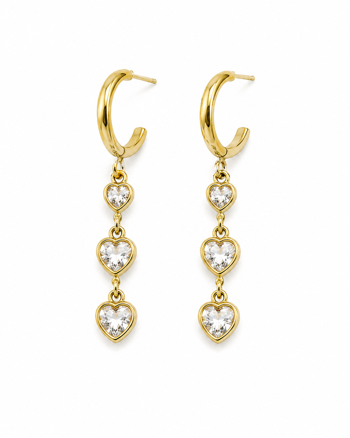 Triple Heart Gold Crystal Drop Earrings