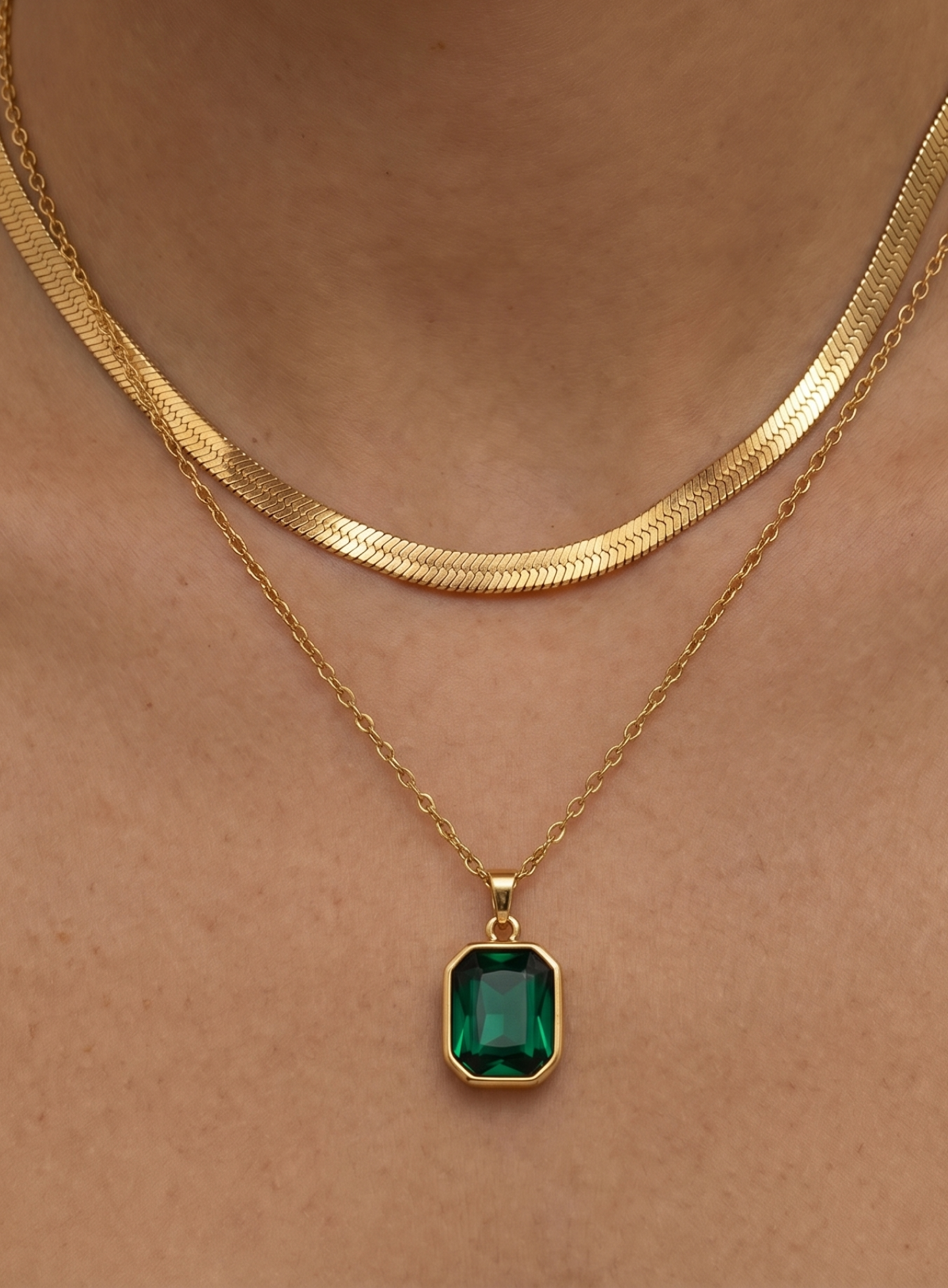 Emerald Green Dual Stone Pendant Necklace