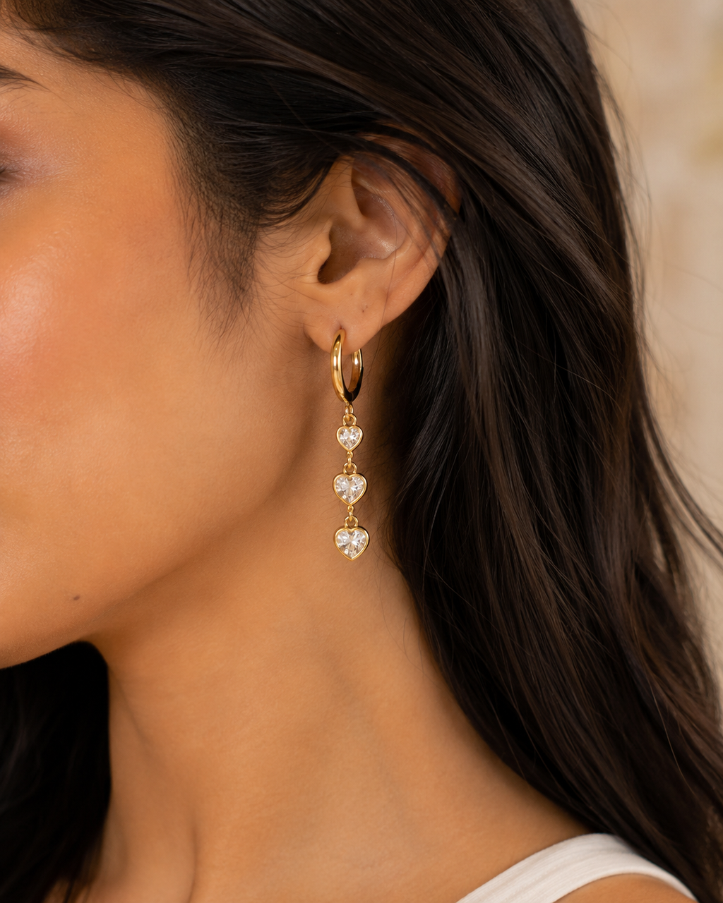 Triple Heart Gold Crystal Drop Earrings