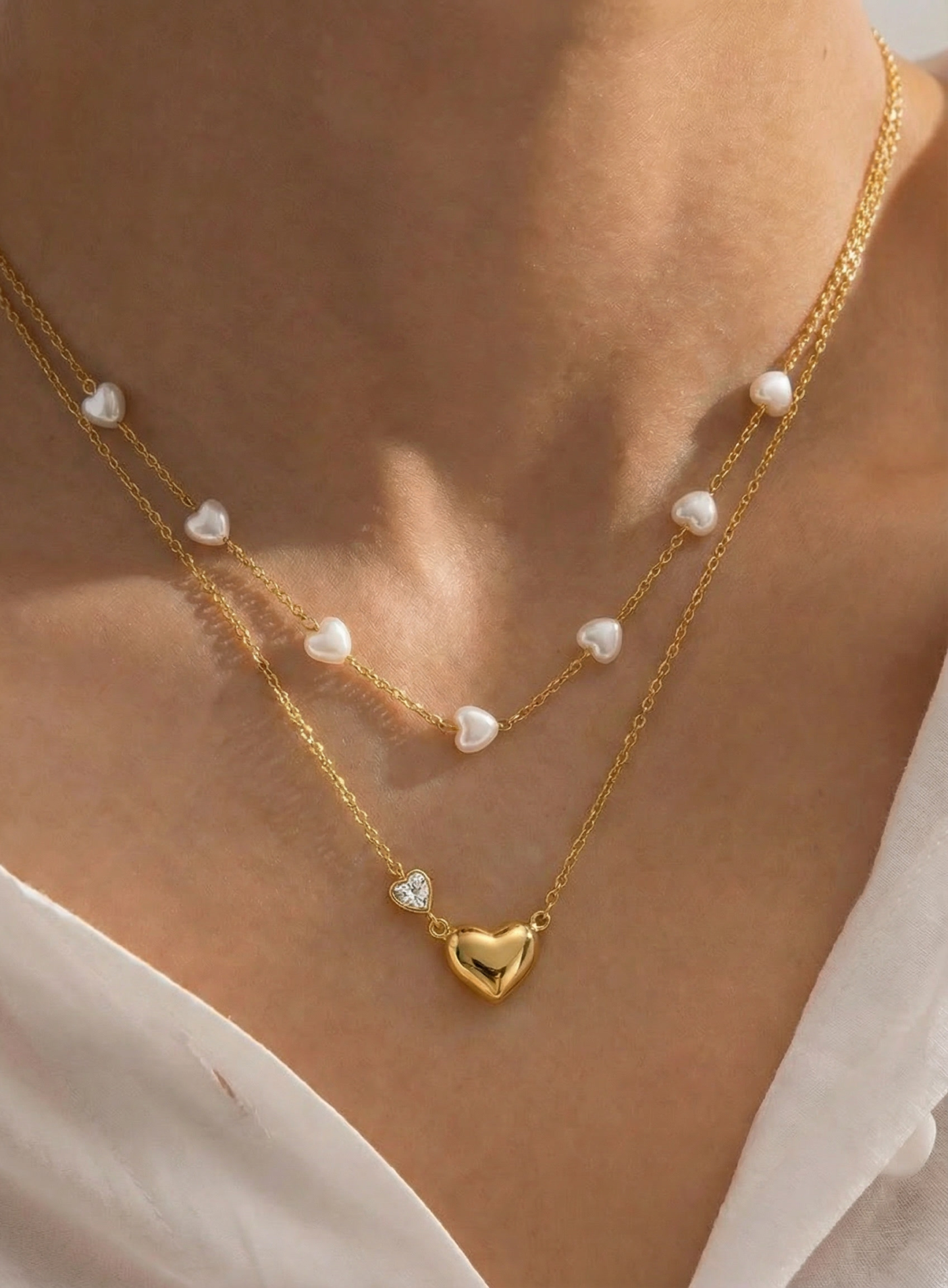 Layered Pearl & Heart Charm Necklace