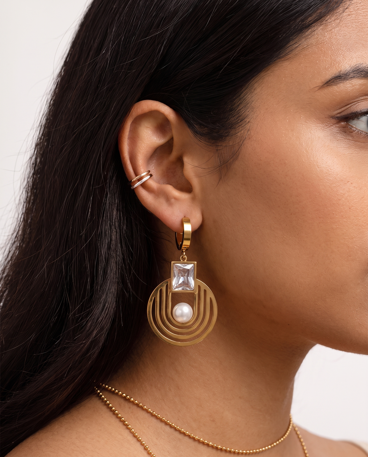 Crystal Pearl Geometric Hoop Earrings