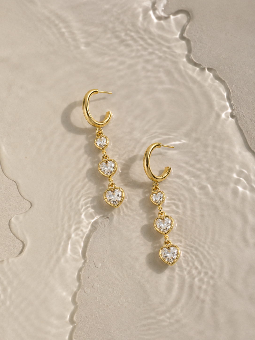 Triple Heart Gold Crystal Drop Earrings