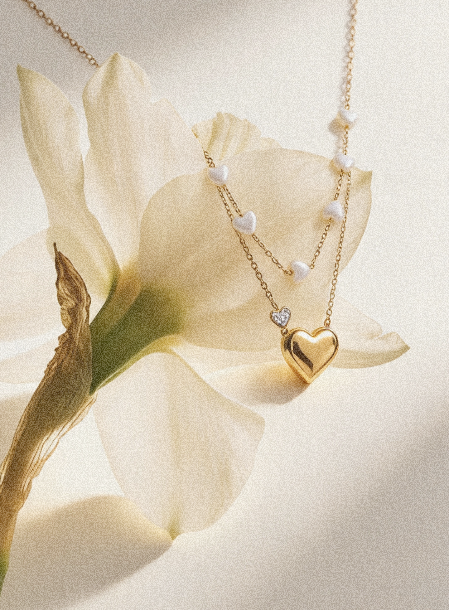 Layered Pearl & Heart Charm Necklace