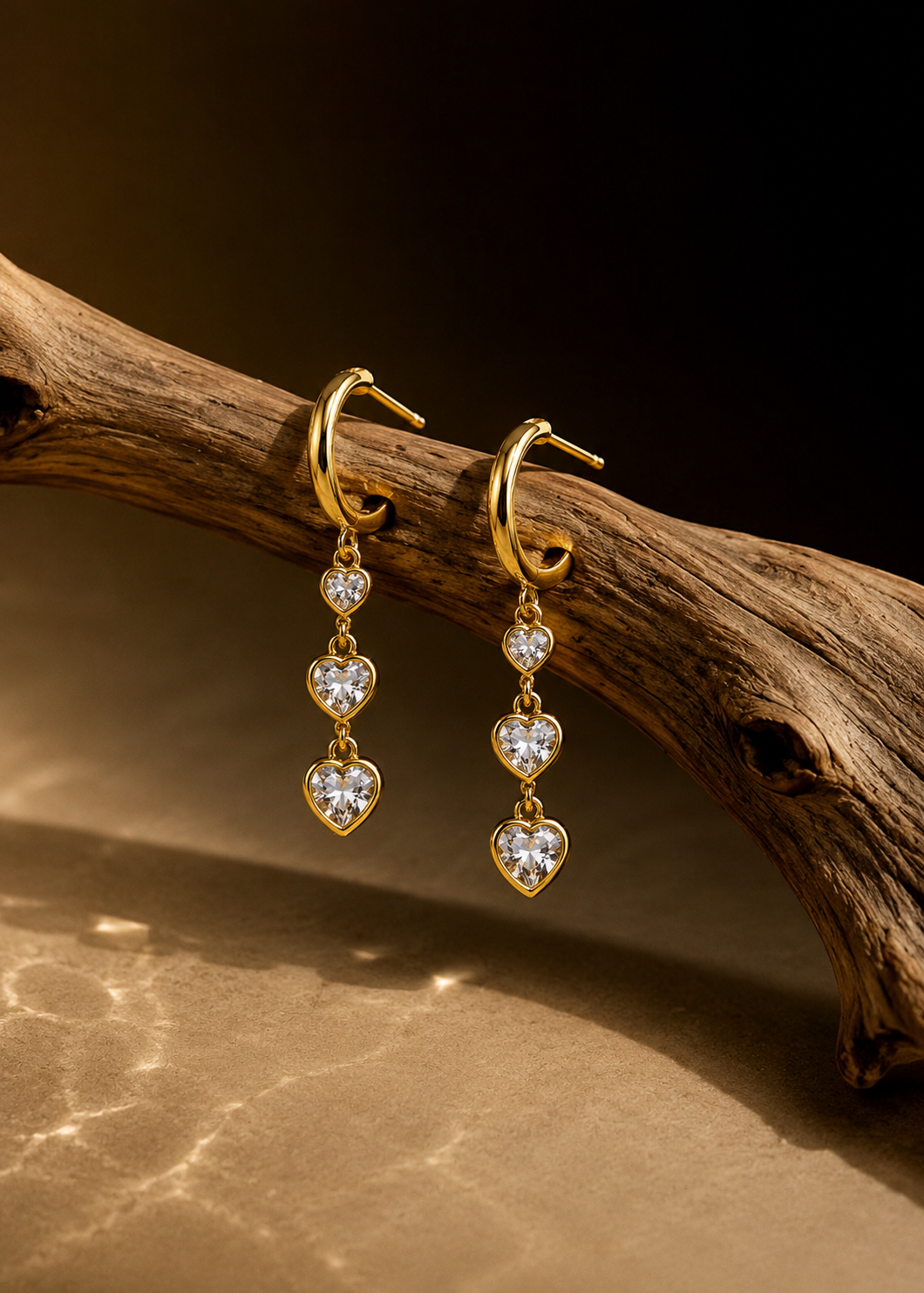 Triple Heart Gold Crystal Drop Earrings