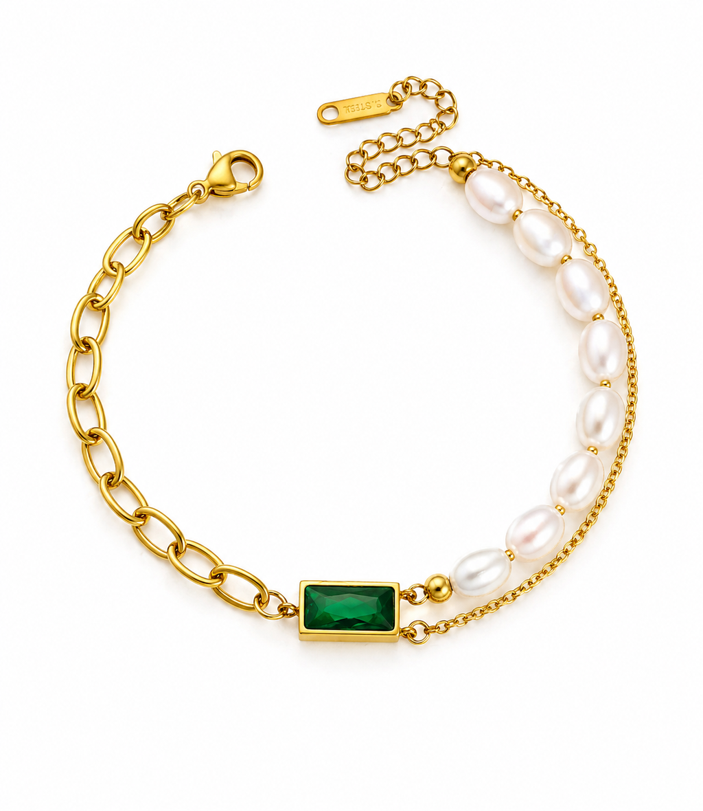 Emerald Pearl Fusion Bracelet Dual Chain Gold