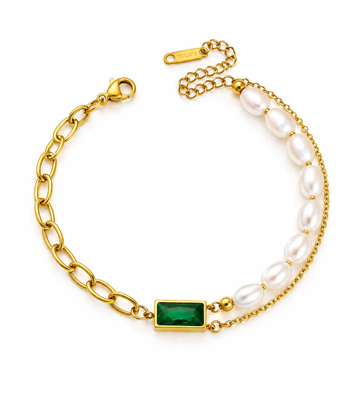 Emerald Pearl Fusion Bracelet Dual Chain Gold