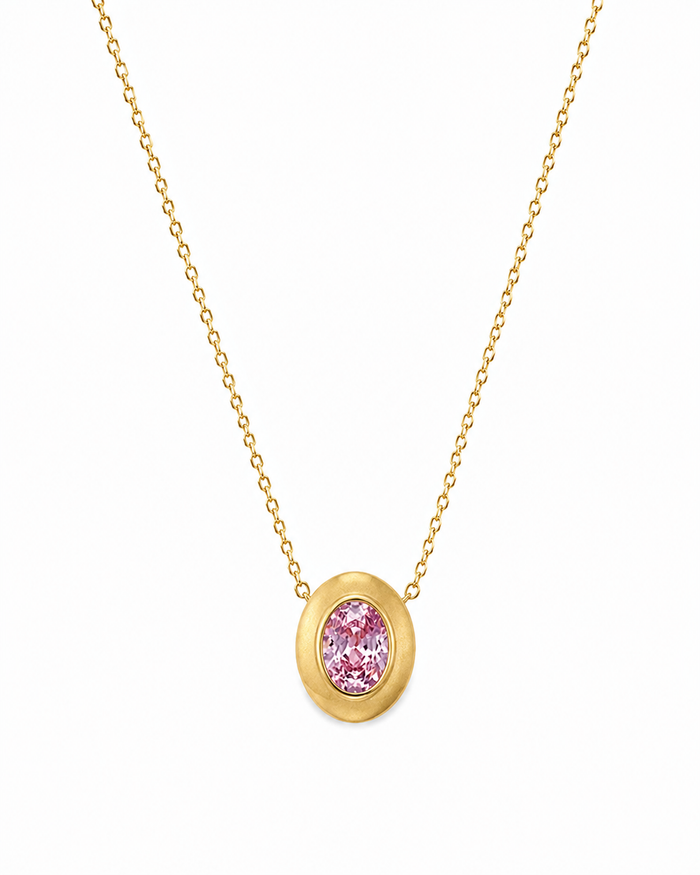 Pink Crystal Gold Oval Pendant Necklace