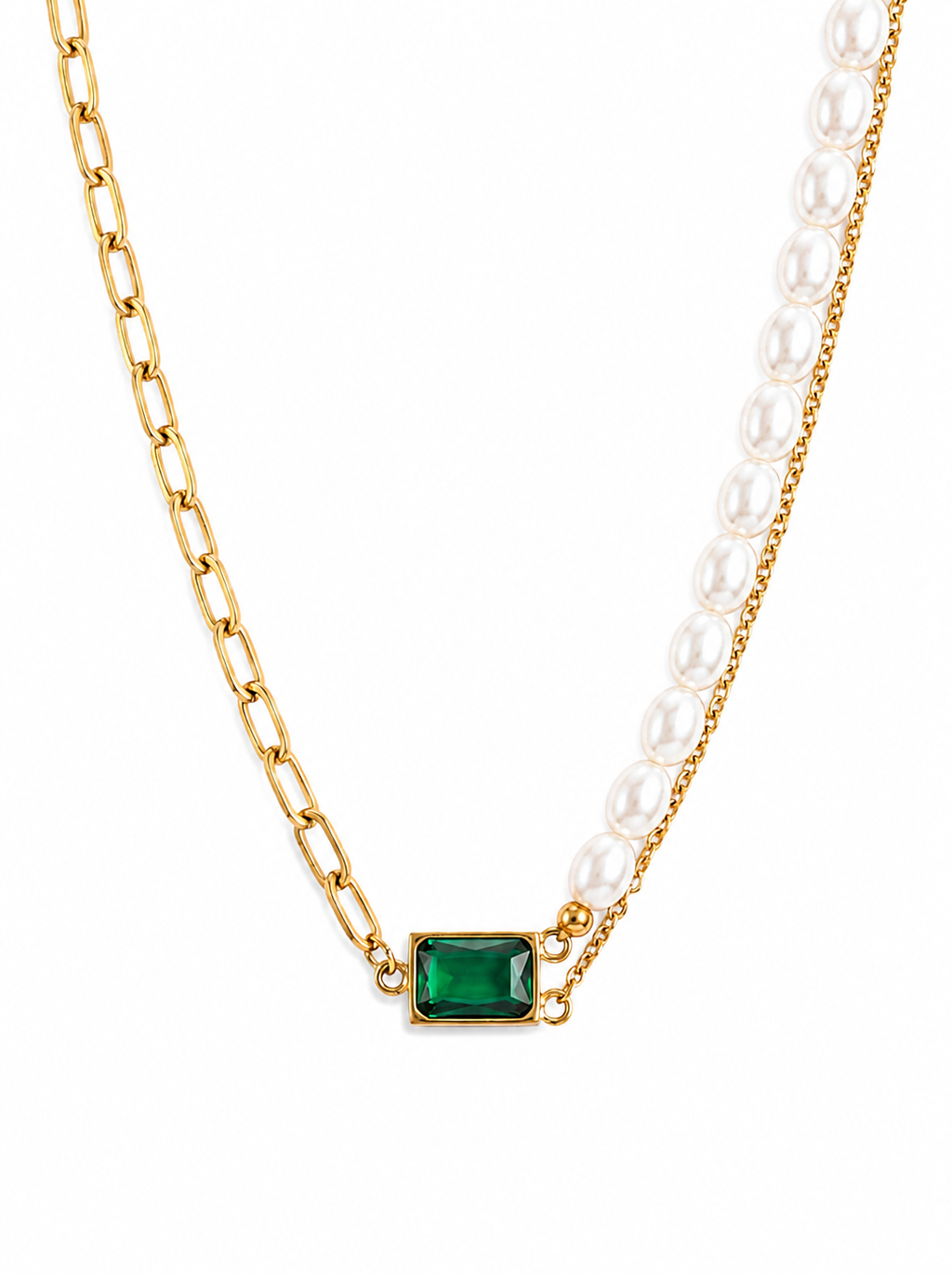Emerald Pearl Dual Chain Statement Necklace