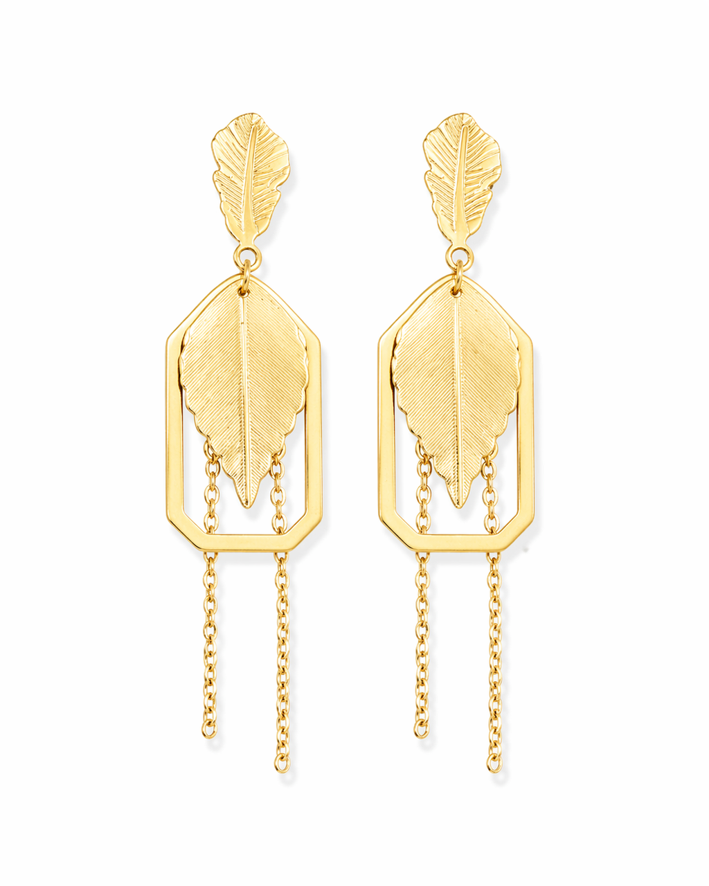 Geometric Leaf Chain Dangler Gold Earrings