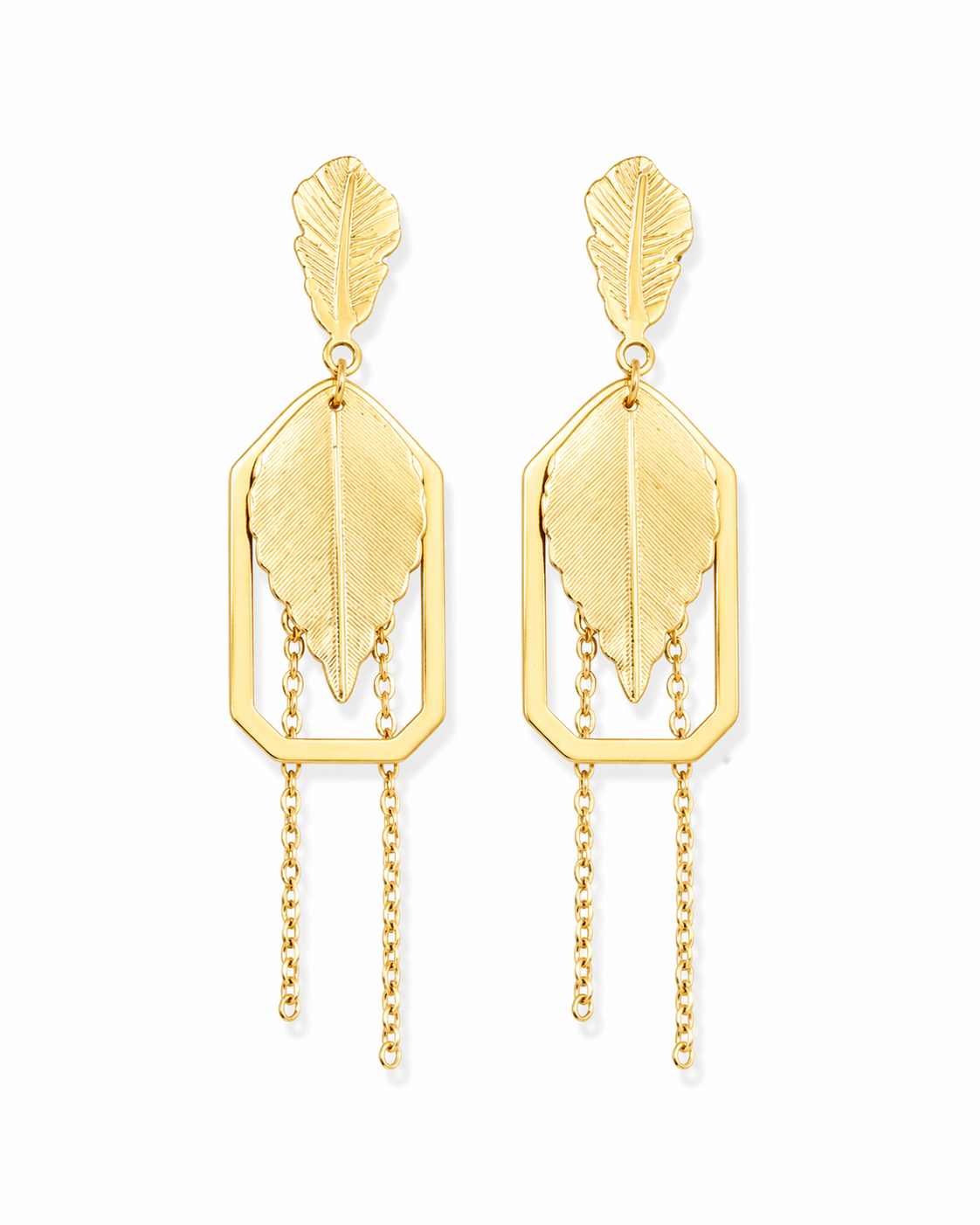 Geometric Leaf Chain Dangler Gold Earrings