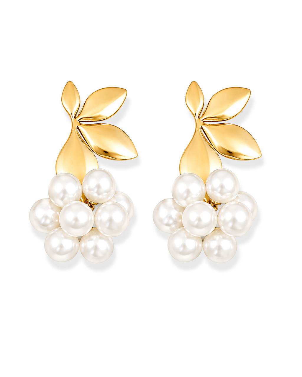 Elegant Pearl Leaf Drop Gold Earrings