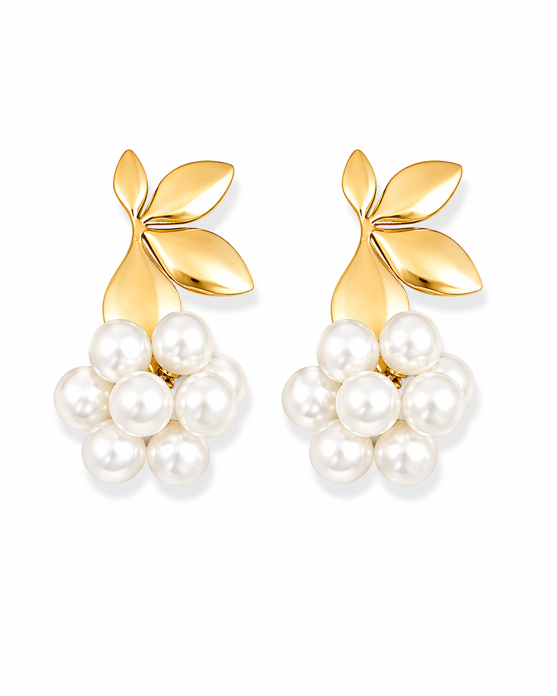 Elegant Pearl Leaf Drop Gold Earrings