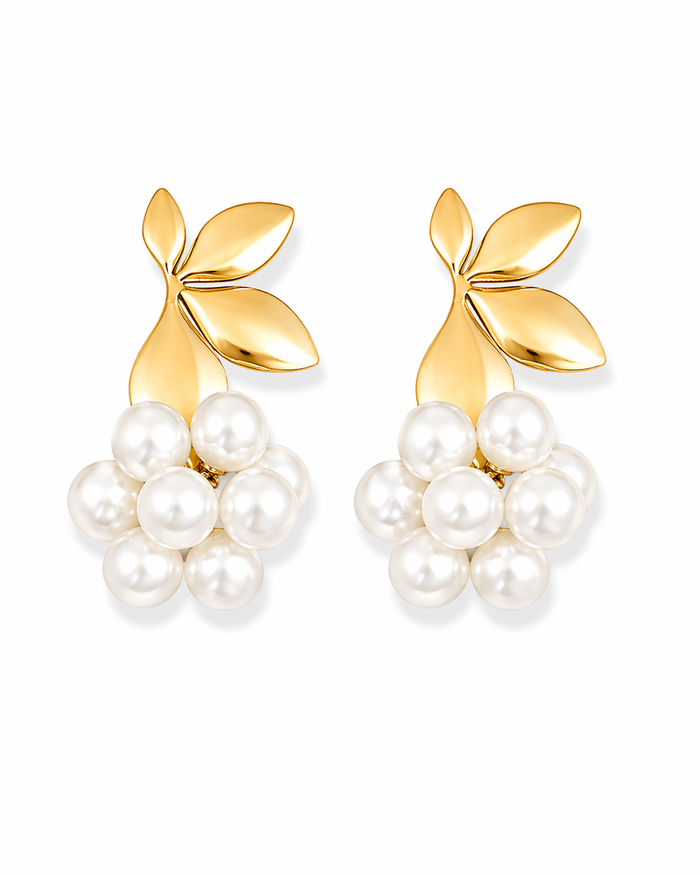 Elegant Pearl Leaf Drop Gold Earrings