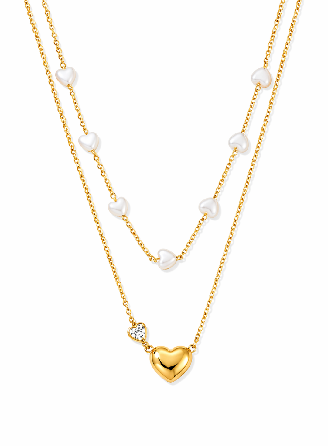 Layered Pearl & Heart Charm Necklace