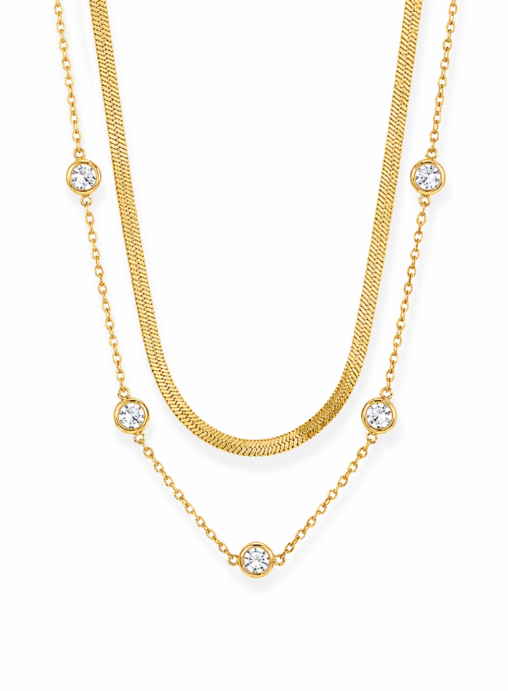 Layered Snake Chain & Crystal Station Necklace