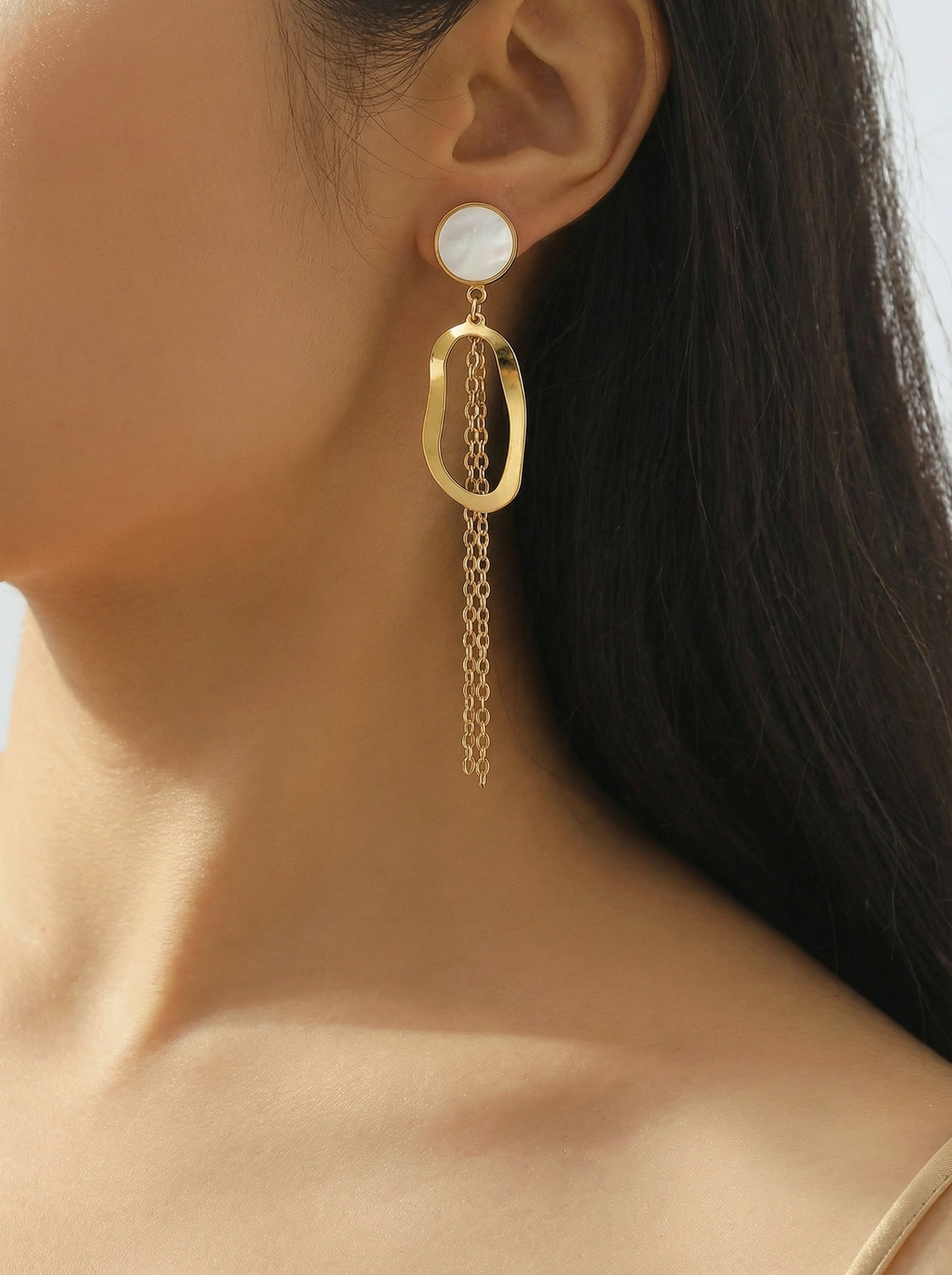 Geometric Pearl Chain Dangler Gold Earrings