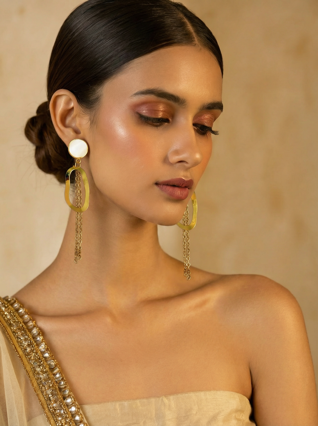 Geometric Pearl Chain Dangler Gold Earrings