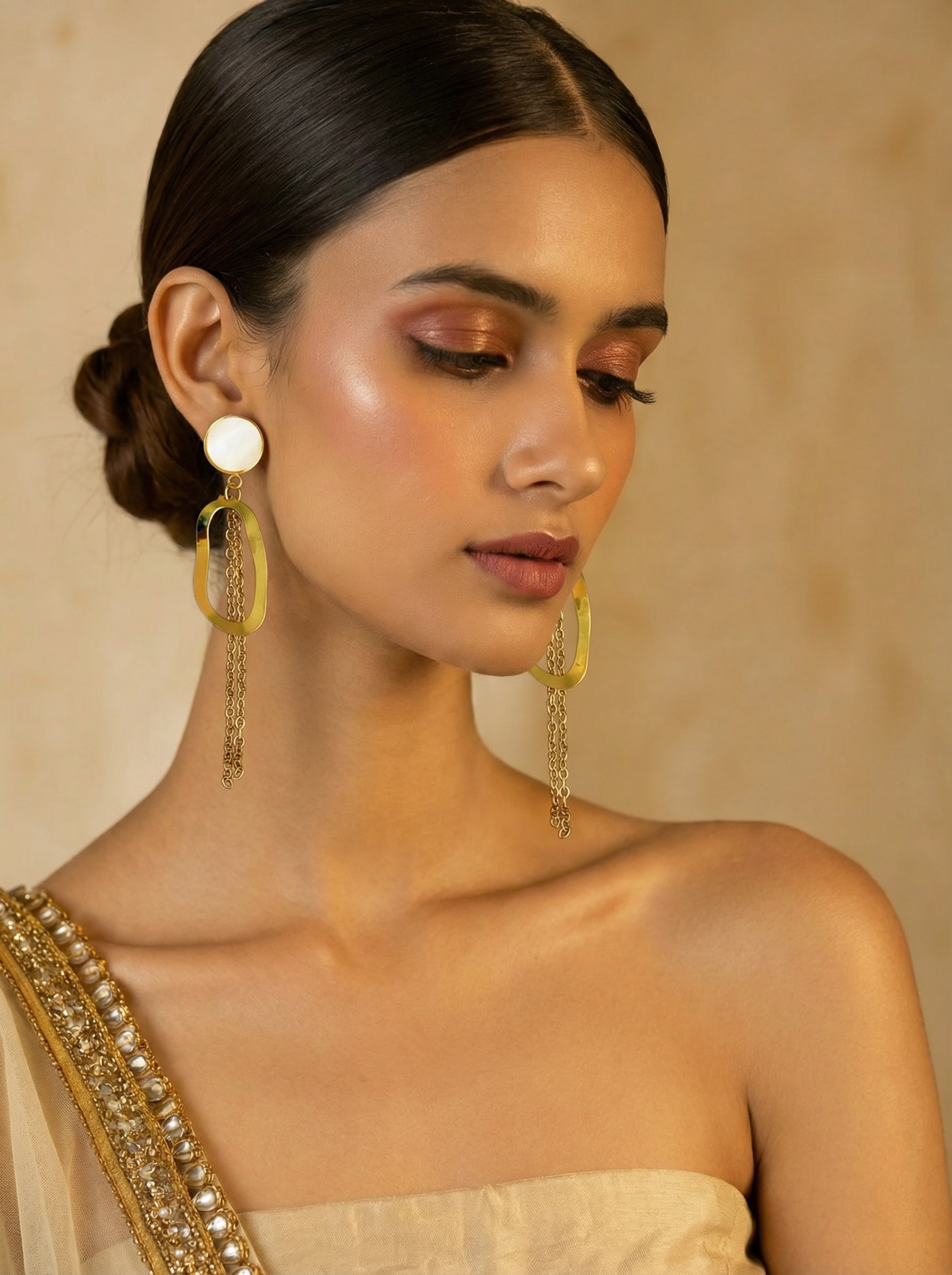 Geometric Pearl Chain Dangler Gold Earrings