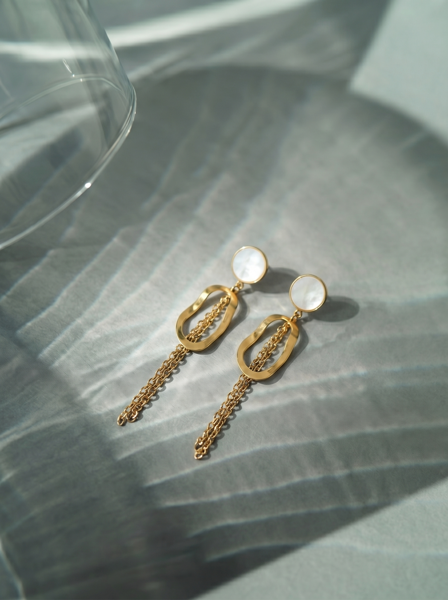 Geometric Pearl Chain Dangler Gold Earrings
