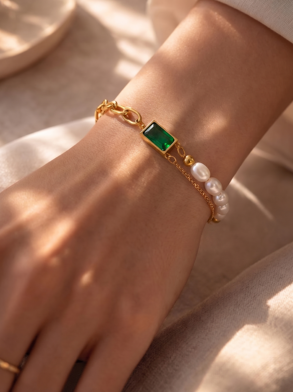 Emerald Pearl Fusion Bracelet Dual Chain Gold