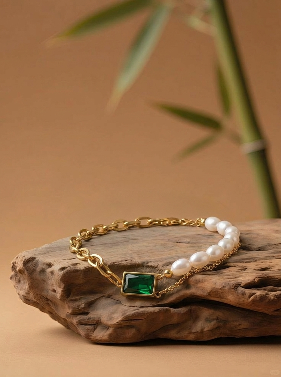 Emerald Pearl Fusion Bracelet Dual Chain Gold