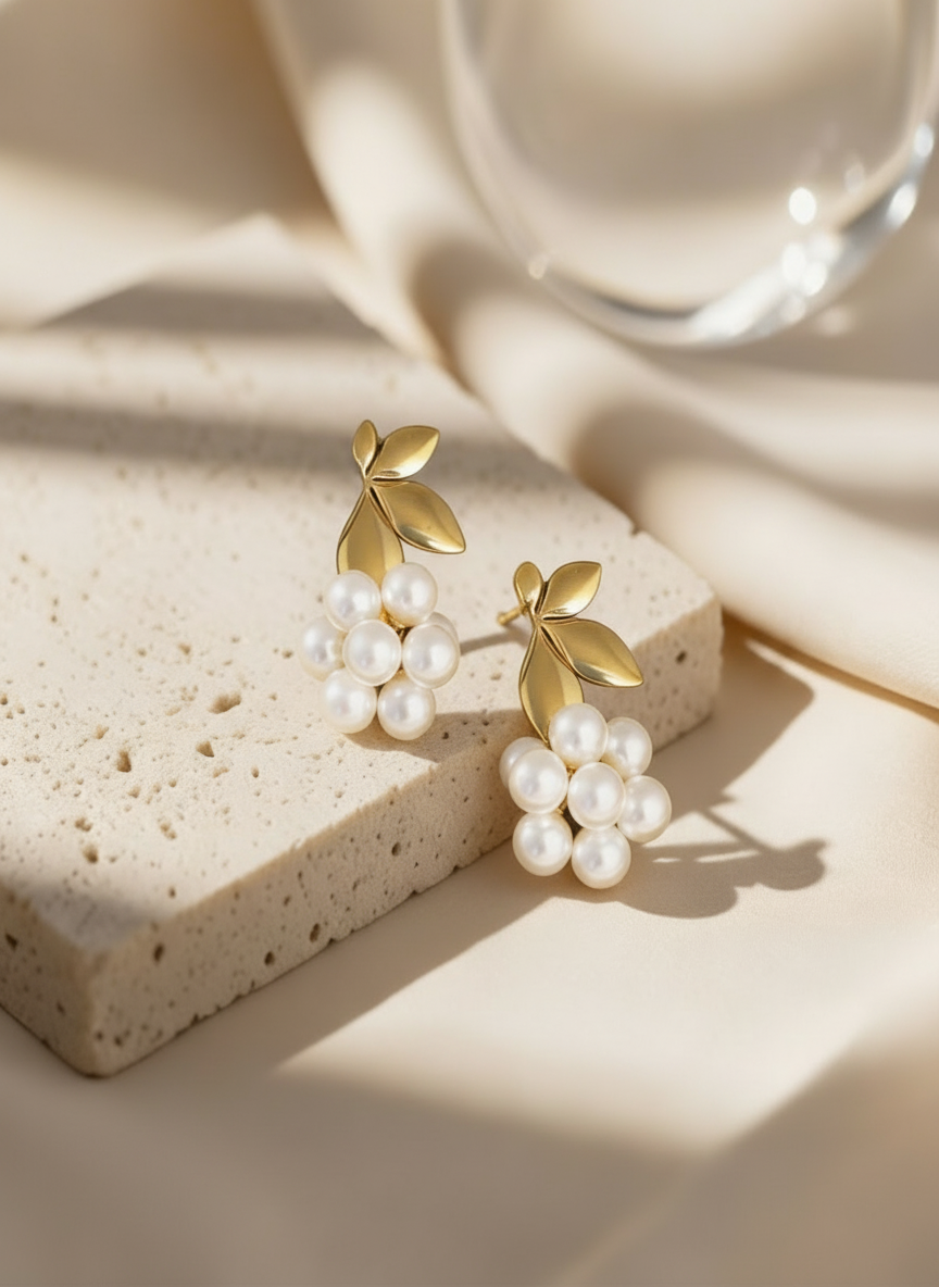 Elegant Pearl Leaf Drop Gold Earrings