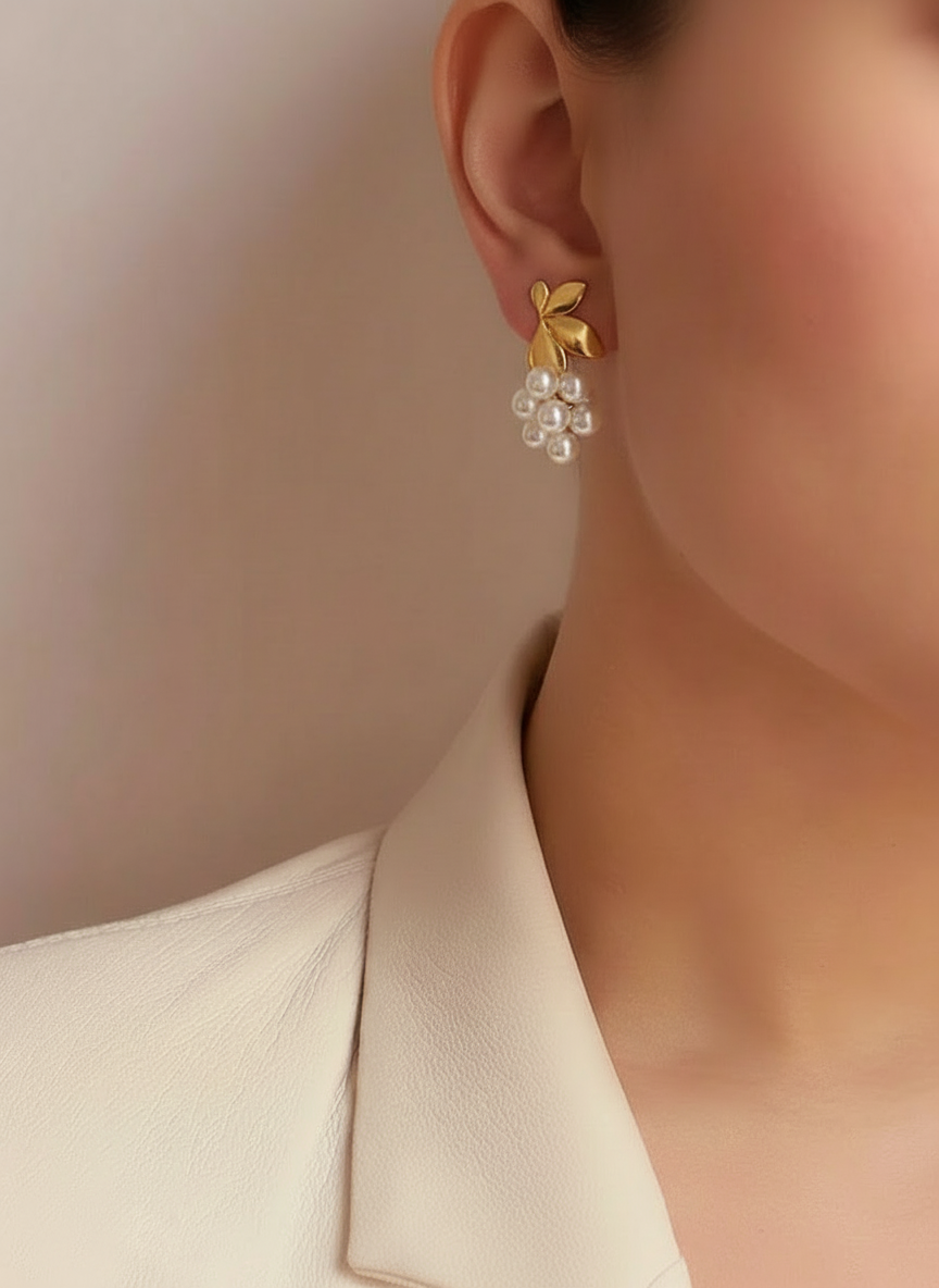 Elegant Pearl Leaf Drop Gold Earrings