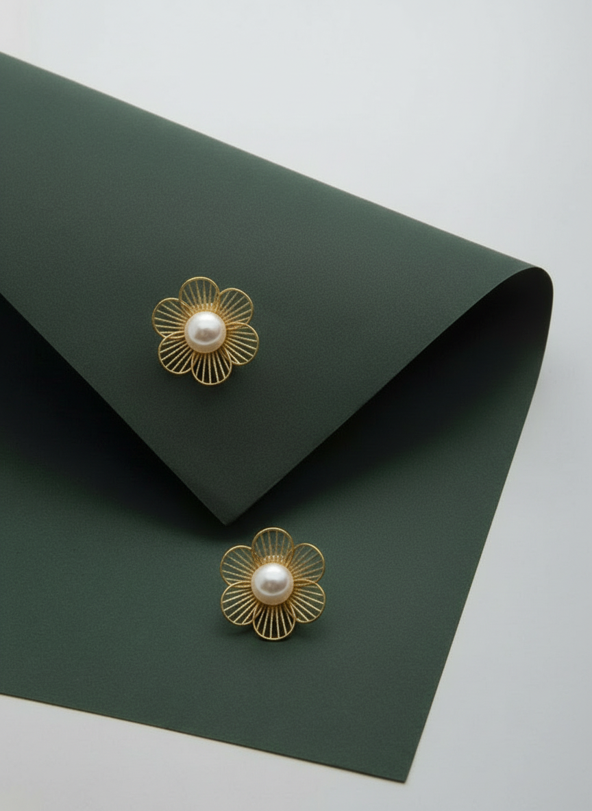 Floral Pearl Gold Stud Earrings