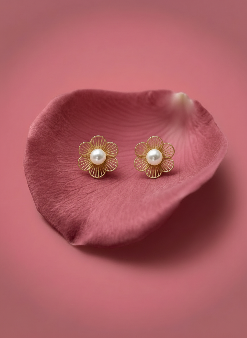 Floral Pearl Gold Stud Earrings
