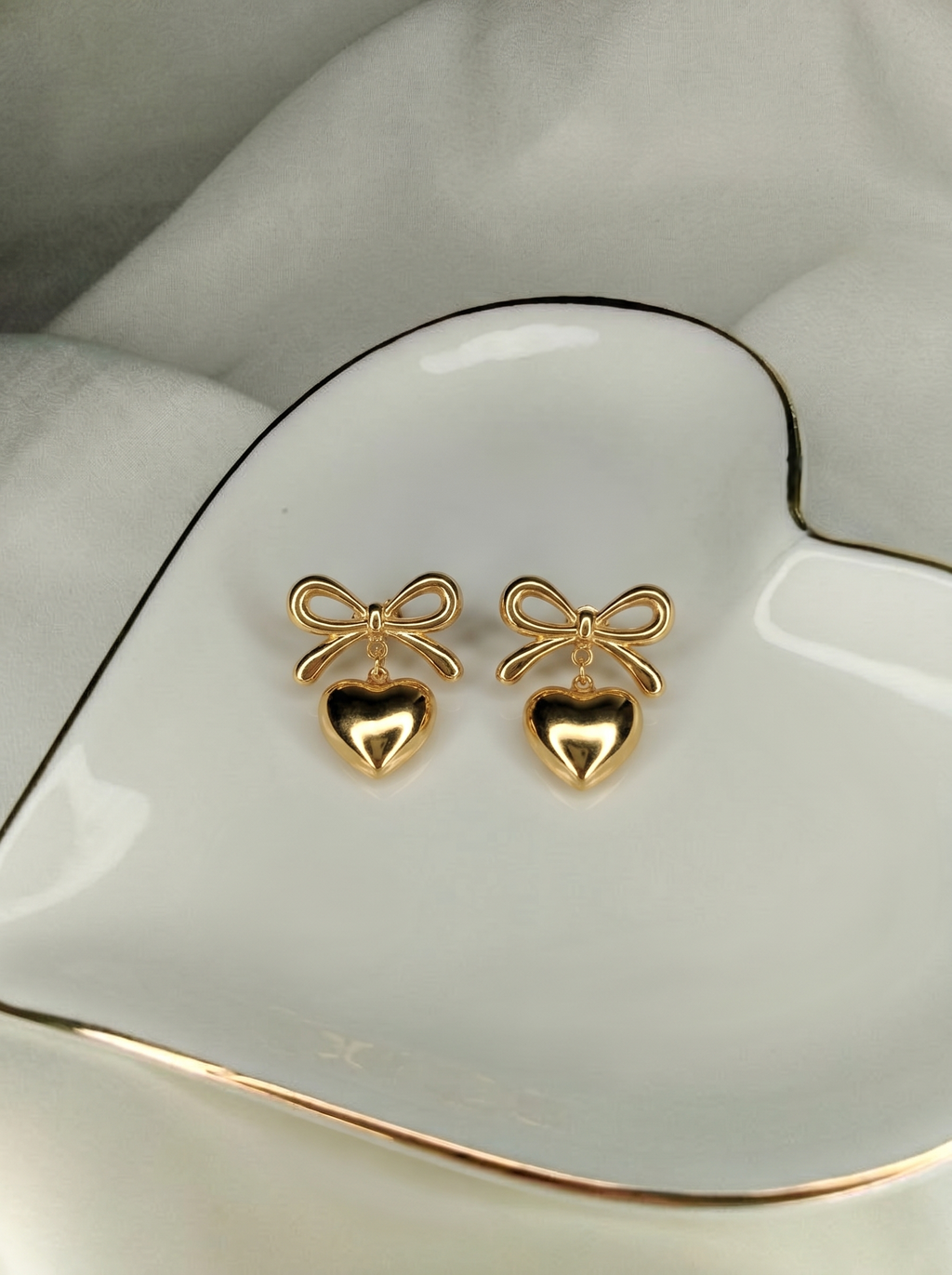 Elegant Bow Heart Drop Gold Earrings