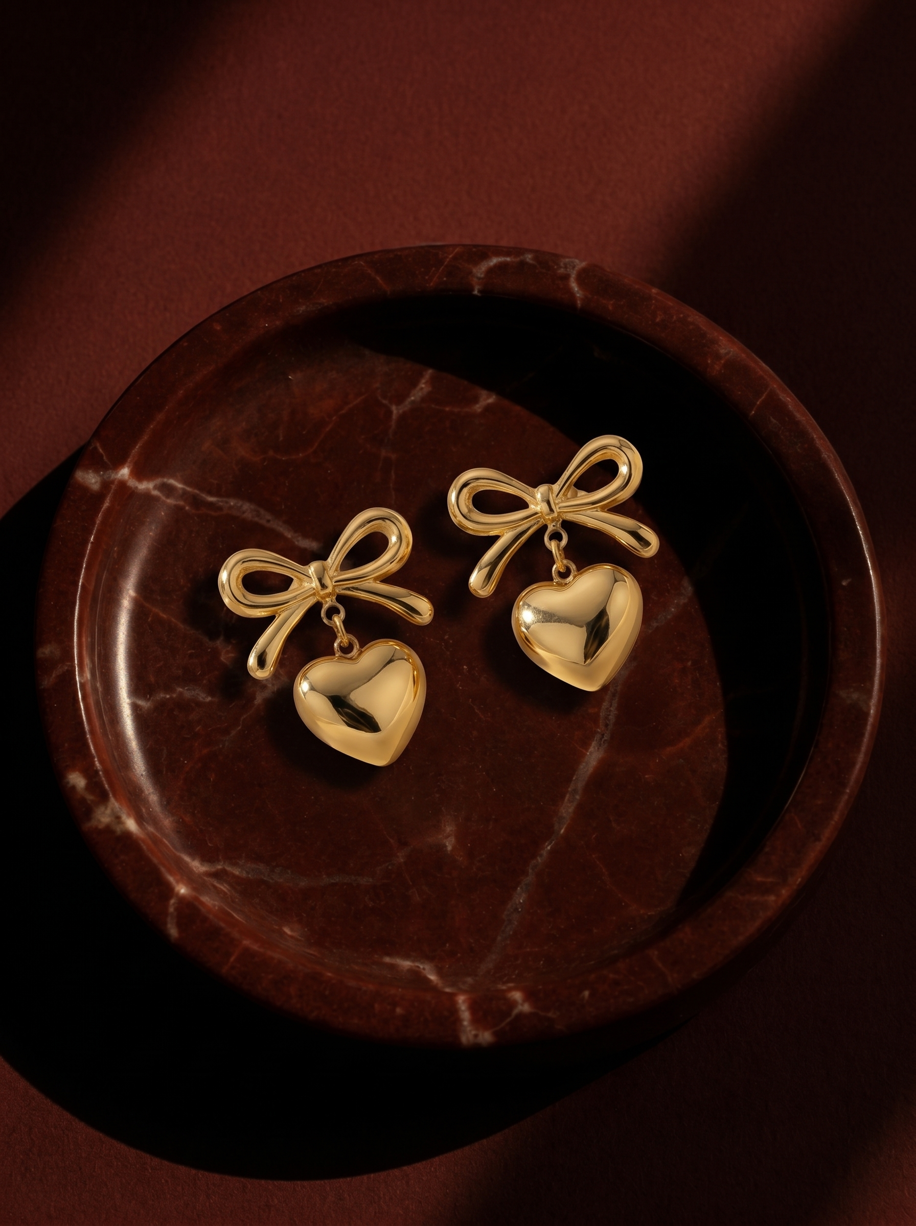 Elegant Bow Heart Drop Gold Earrings
