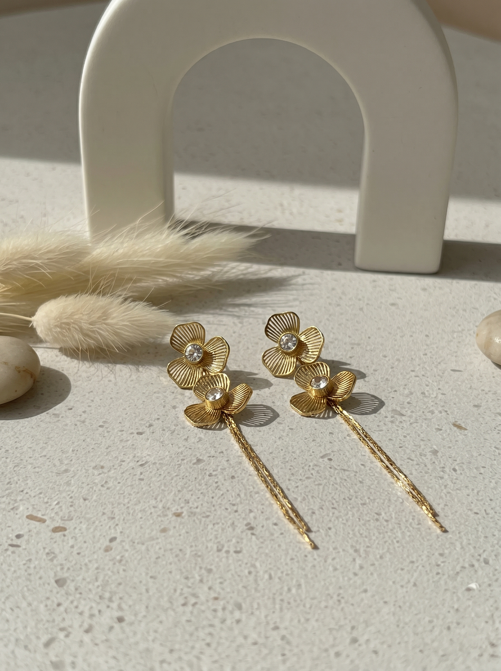 Classic Floral Dangler Chain Gold Earrings