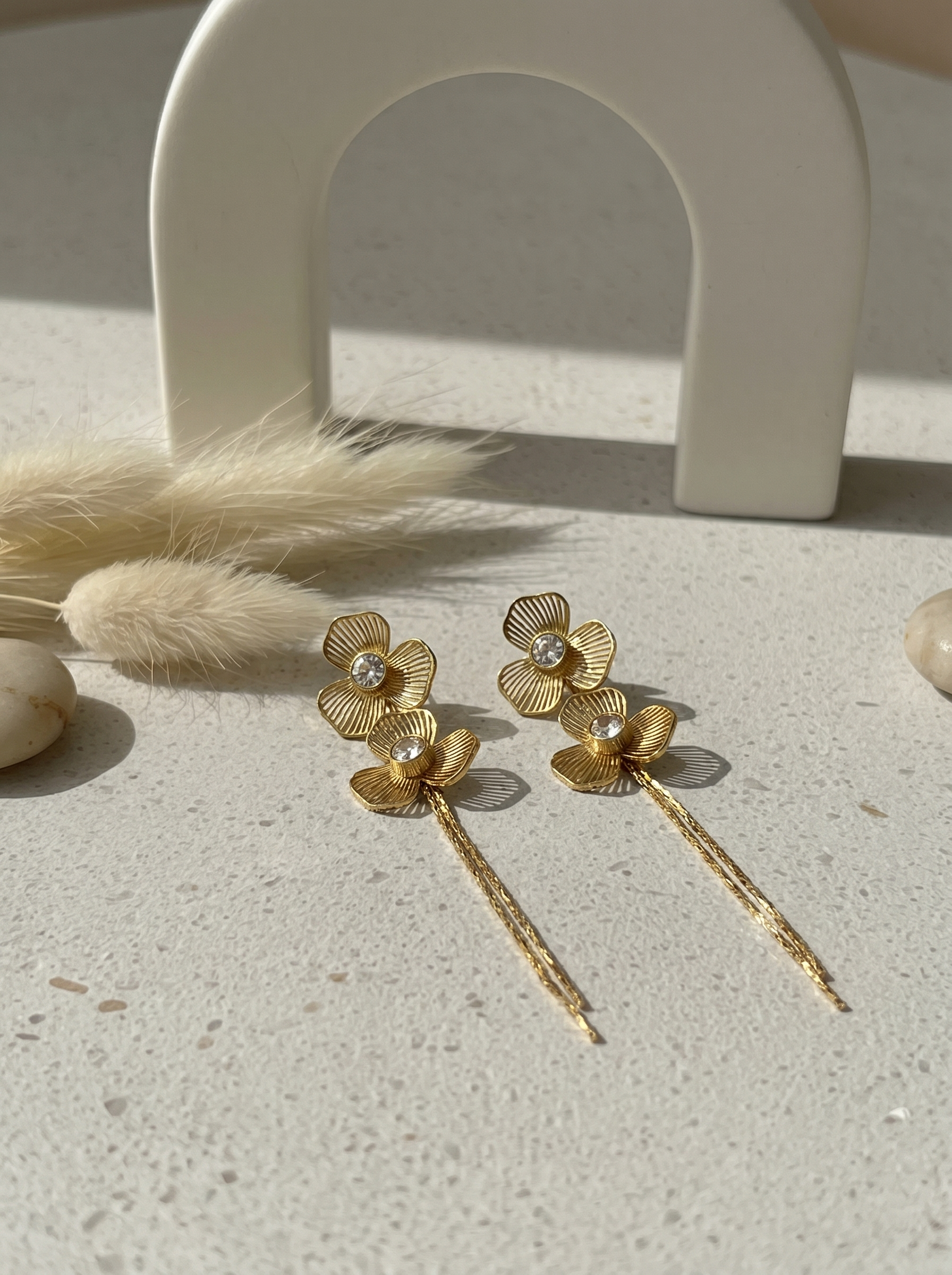 Classic Floral Dangler Chain Gold Earrings