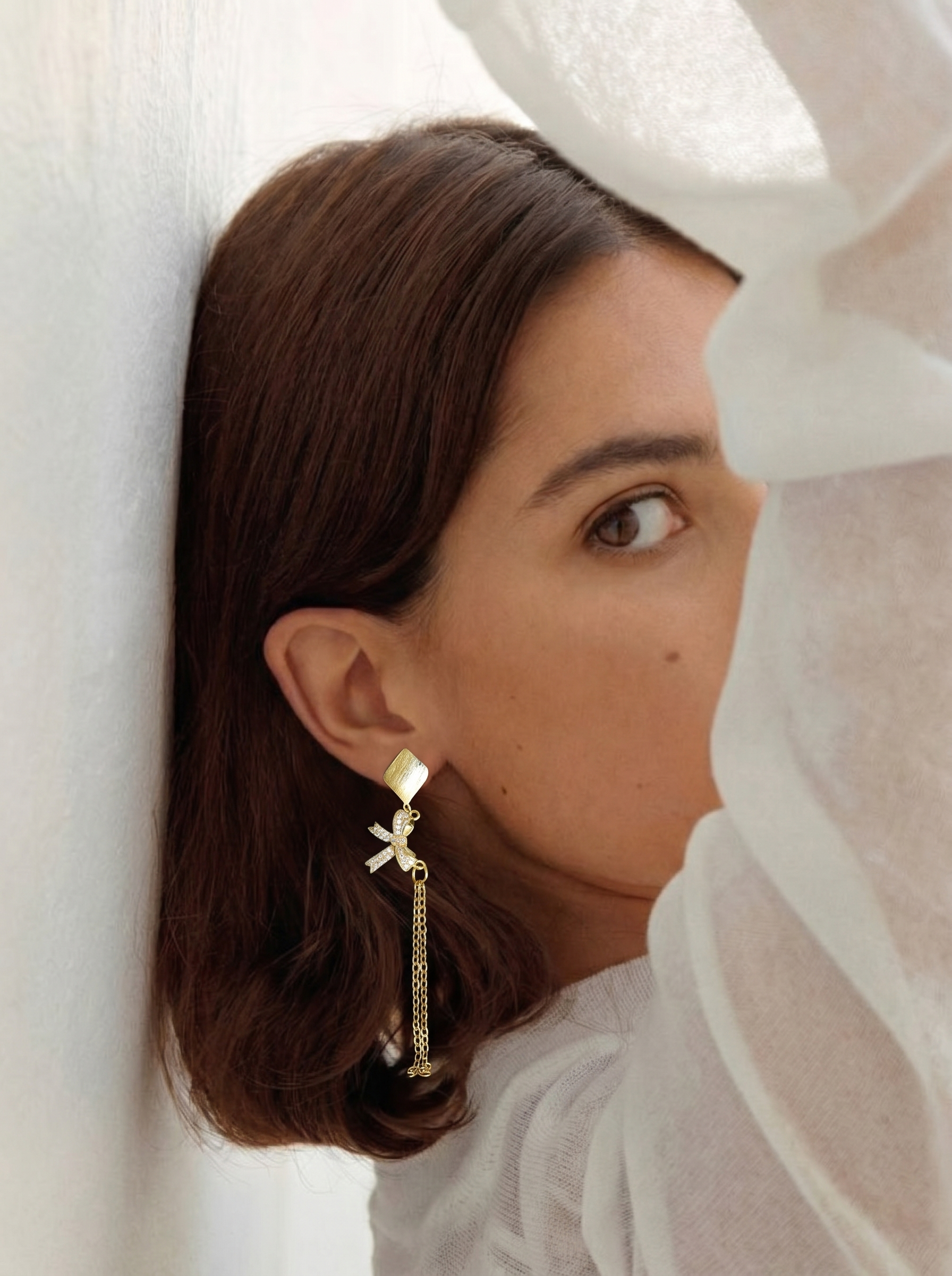 Modern Crystal Bow Chain Dangler Earrings