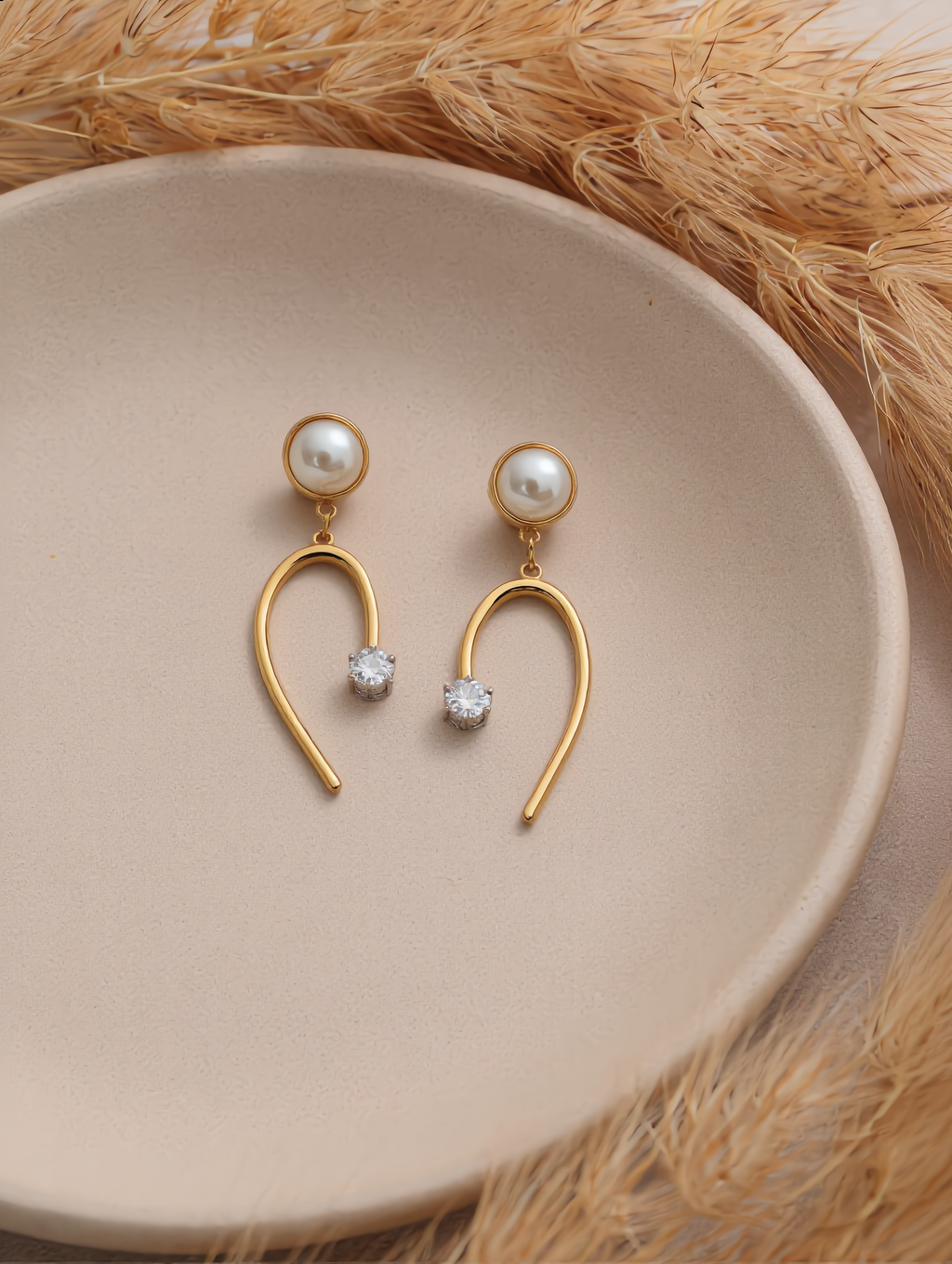 Pearl Curve Dangler Gold Earrings