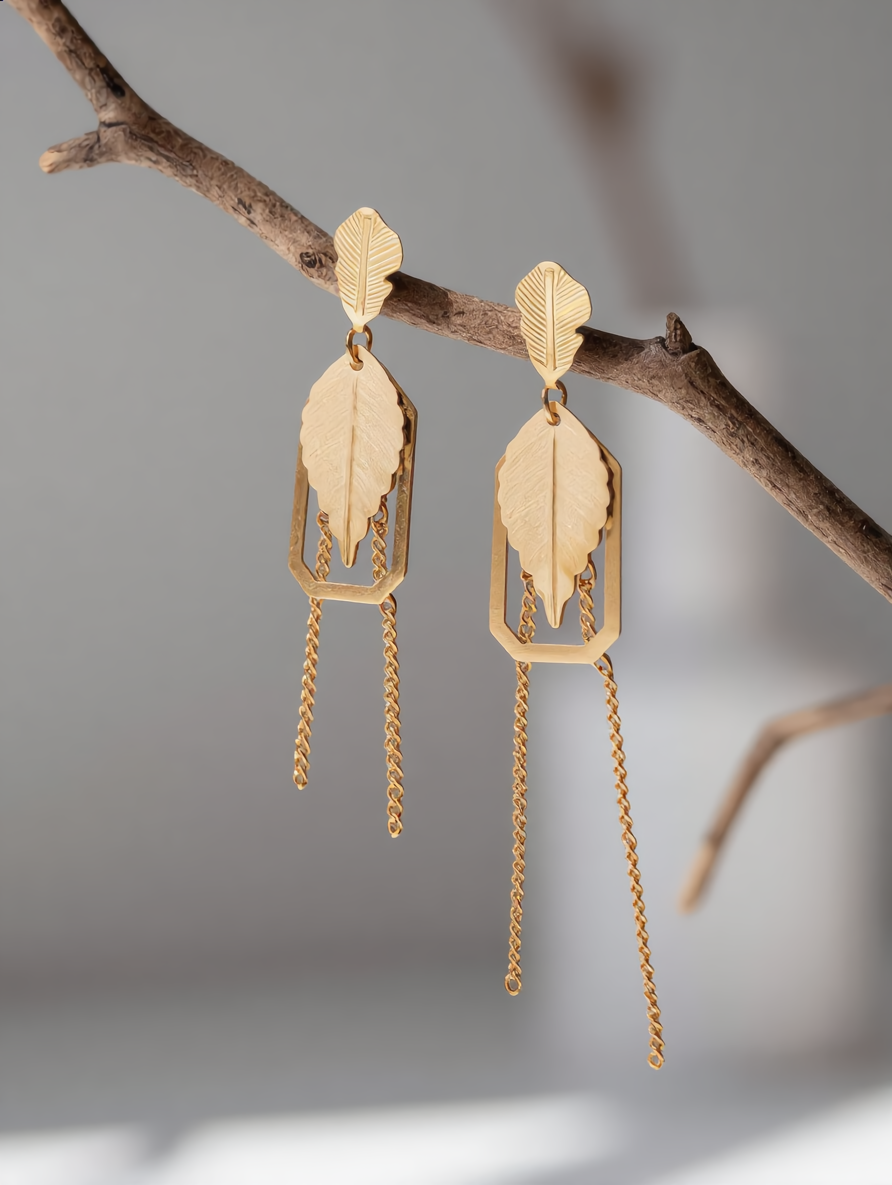 Geometric Leaf Chain Dangler Gold Earrings