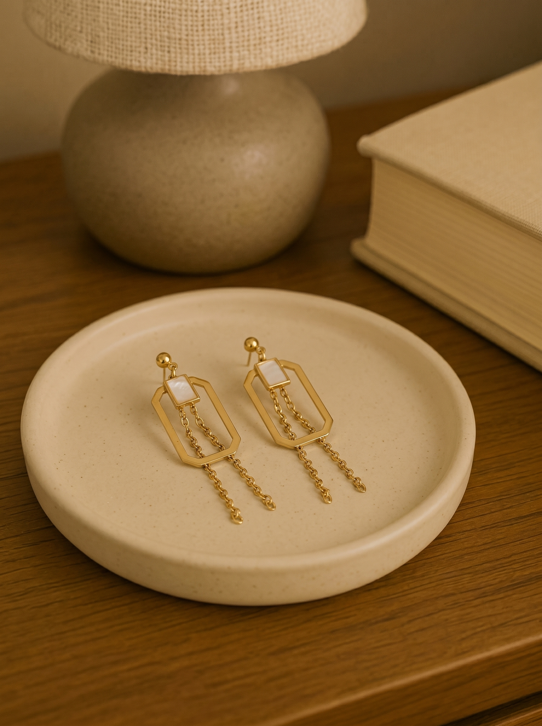 Elegant Geometric Pearl Chain Dangler Earrings