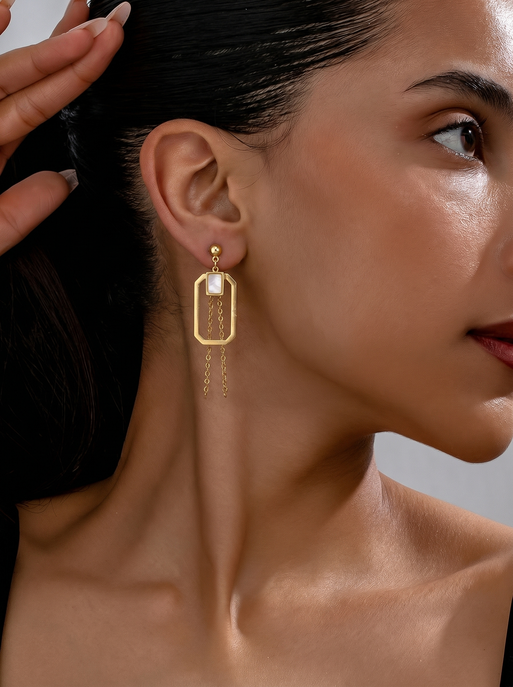 Elegant Geometric Pearl Chain Dangler Earrings