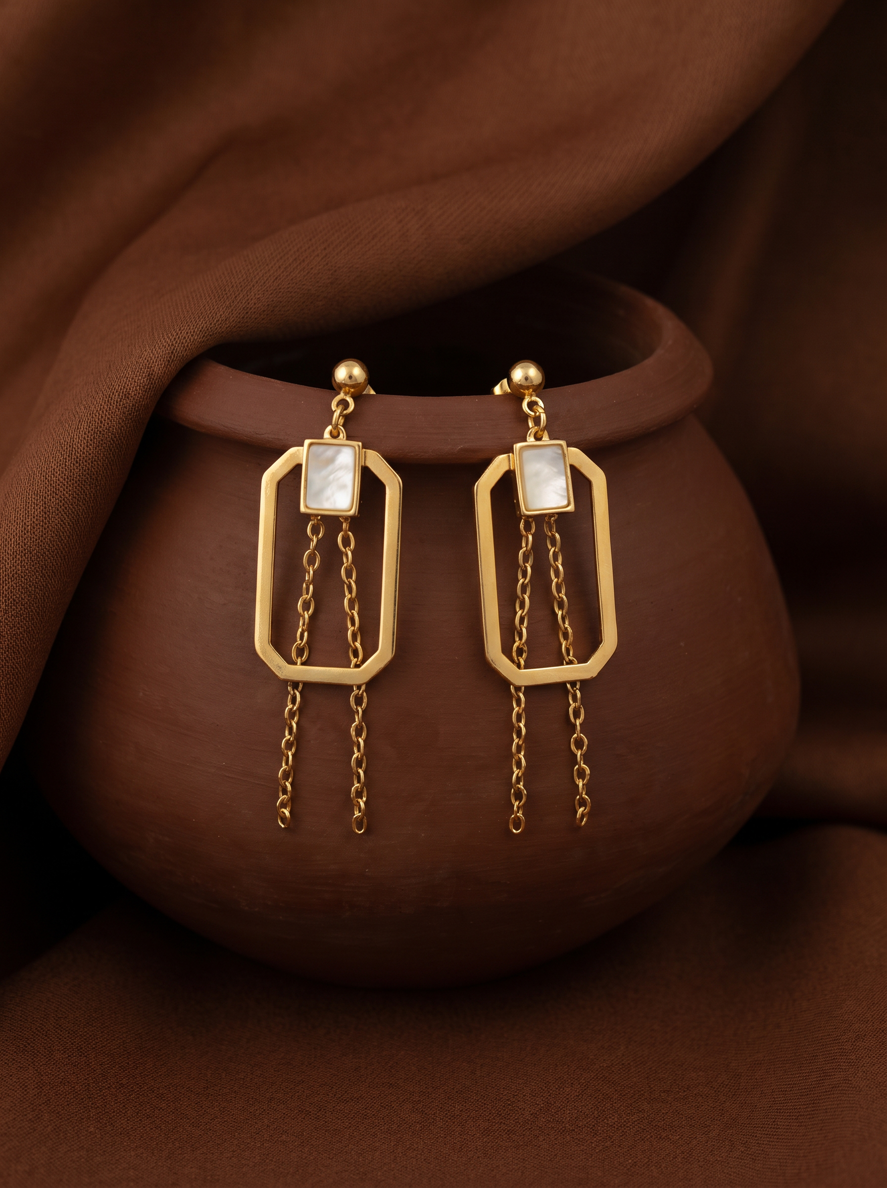 Elegant Geometric Pearl Chain Dangler Earrings