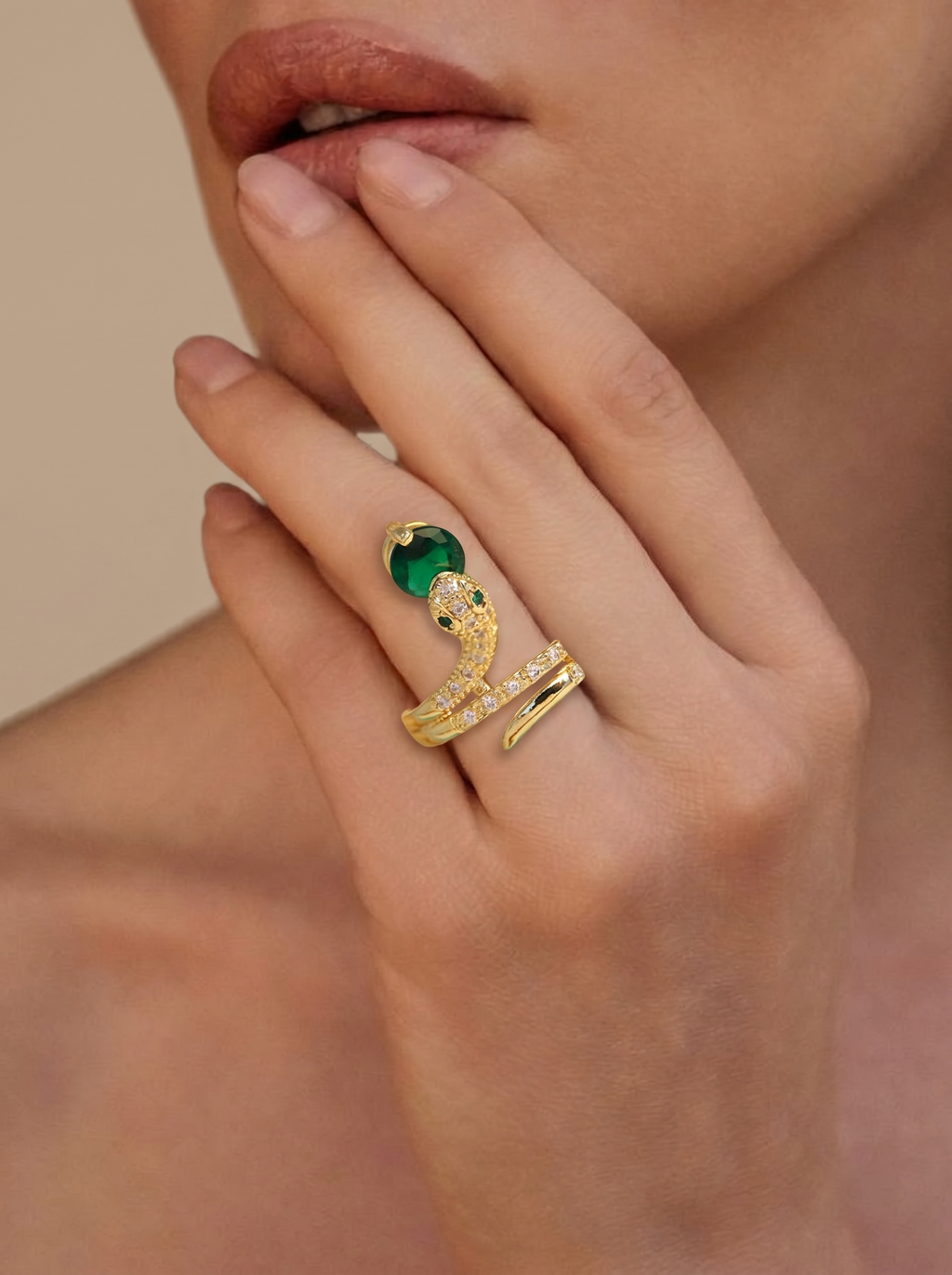 Green Stone Snake Coil Ring