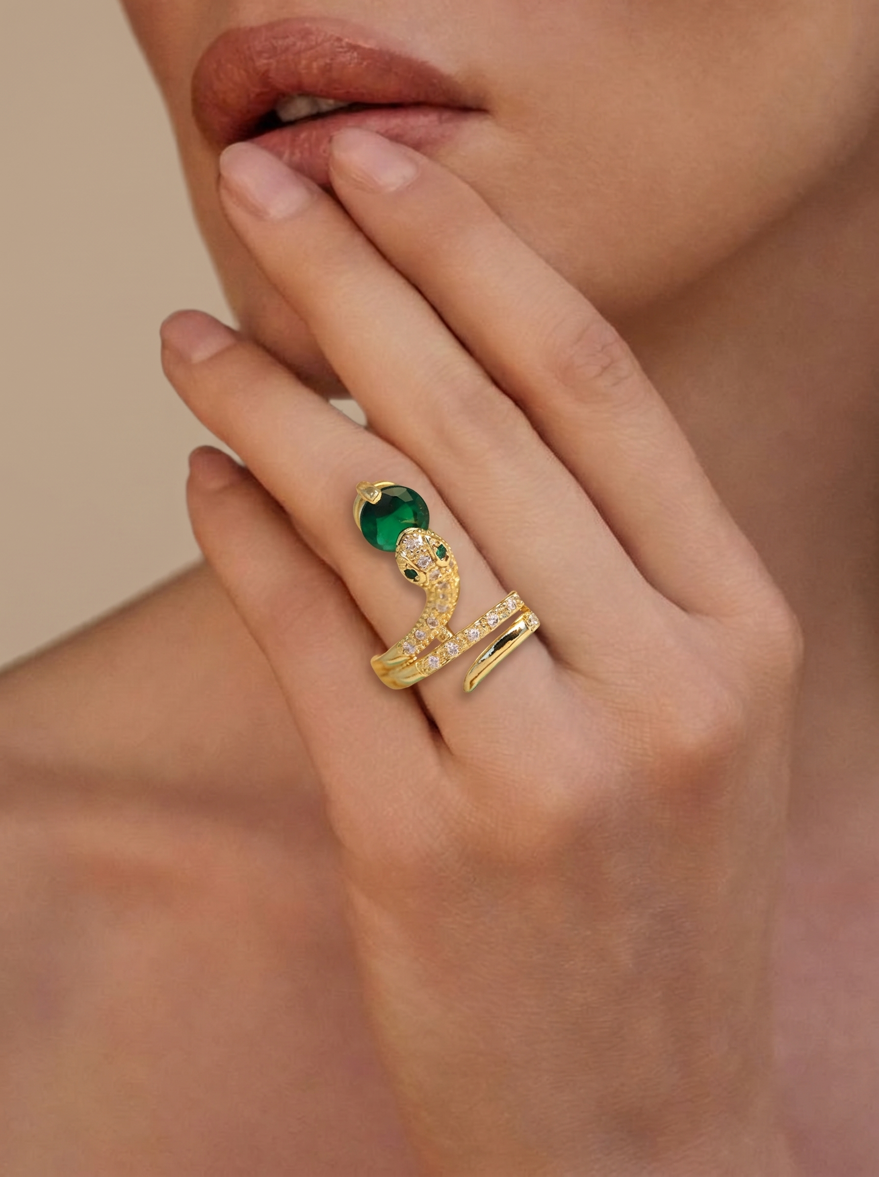 Green Stone Snake Coil Ring