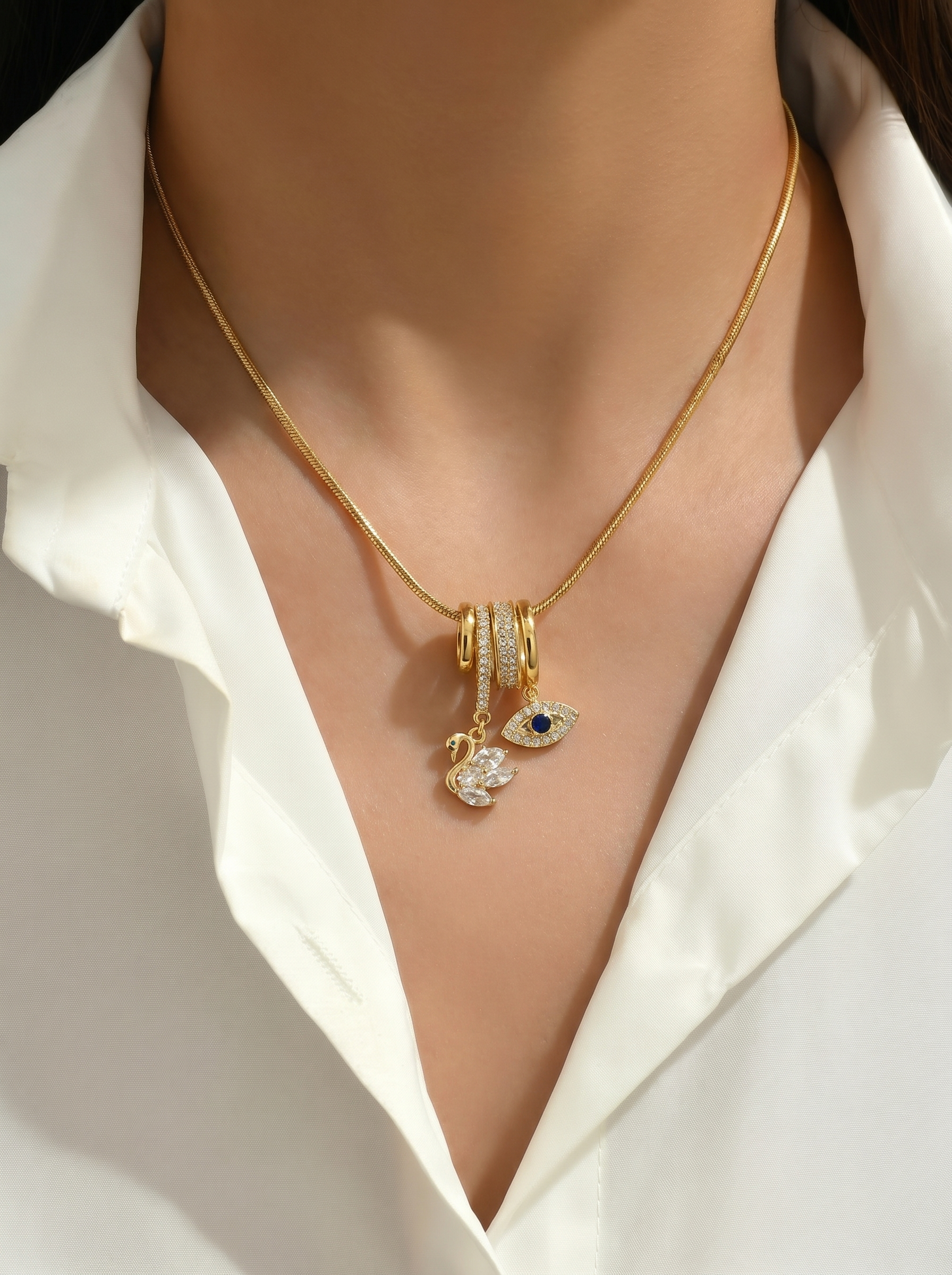 Evil Eye Swan Charm Pendant Necklace