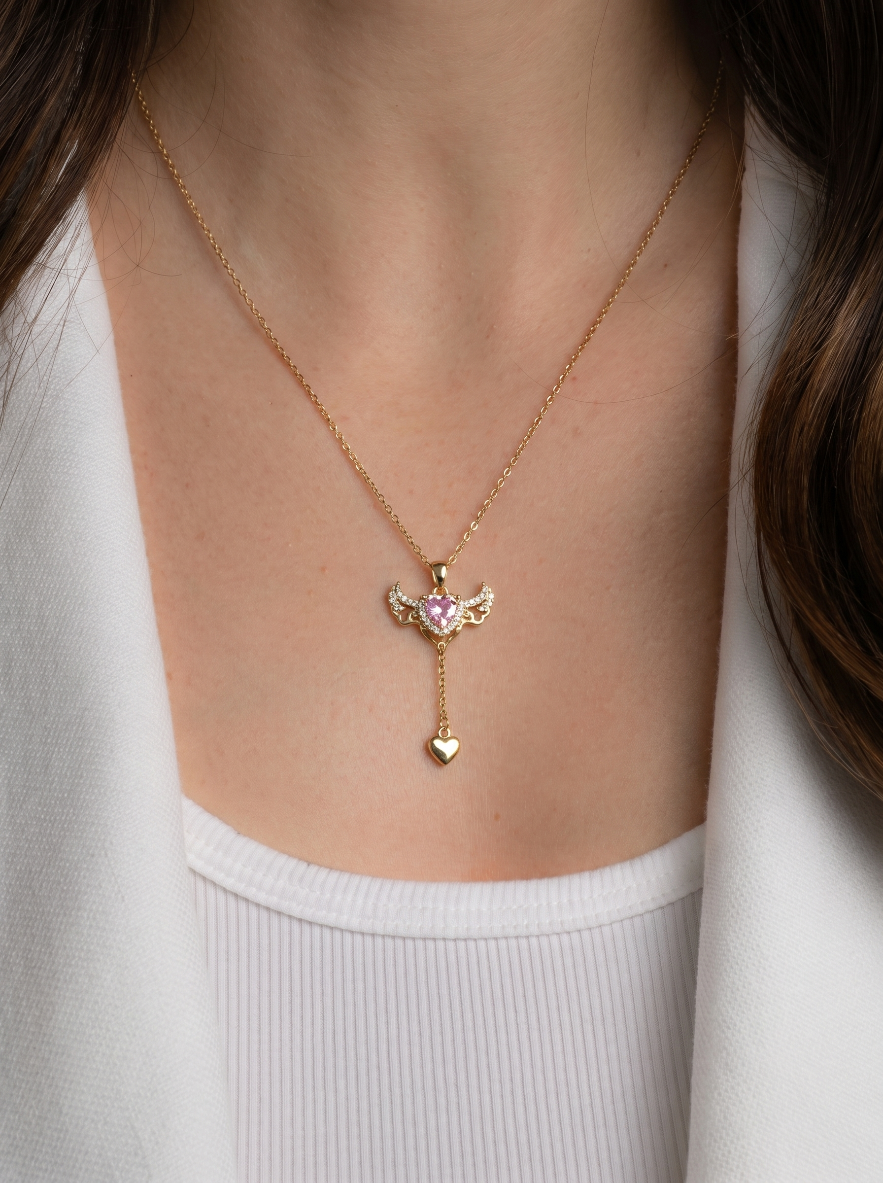 Pink Heart Angel Pendant Necklace