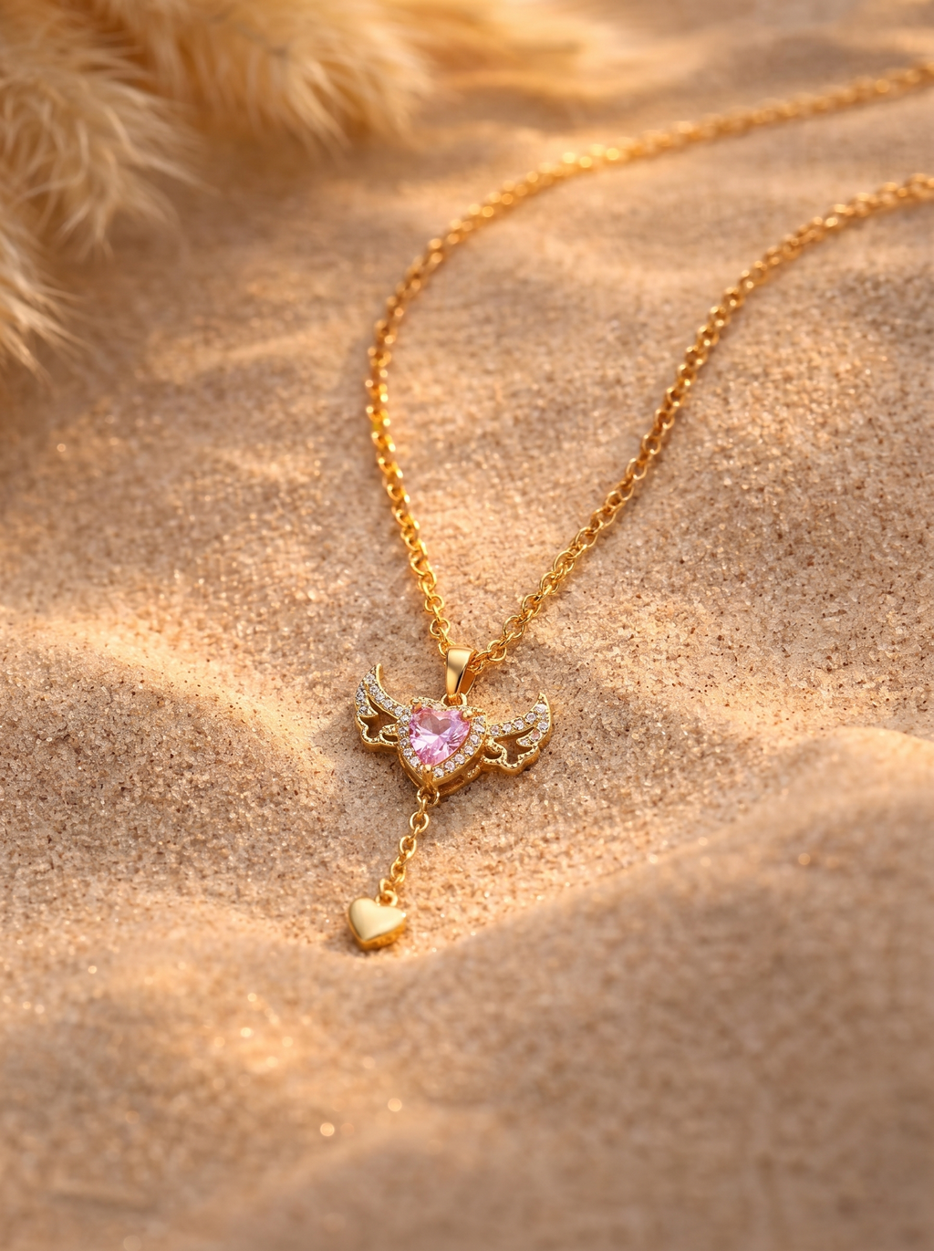 Pink Heart Angel Pendant Necklace