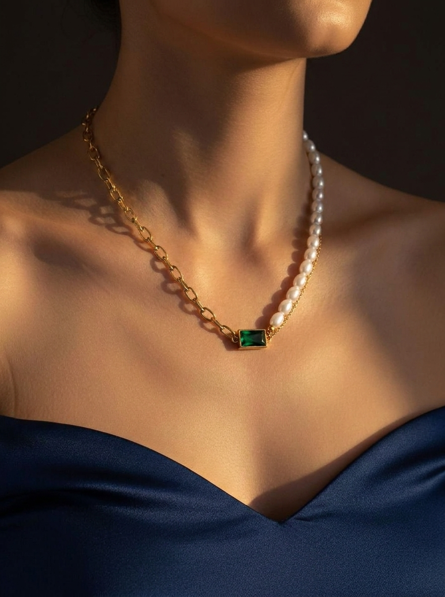 Emerald Pearl Dual Chain Statement Necklace