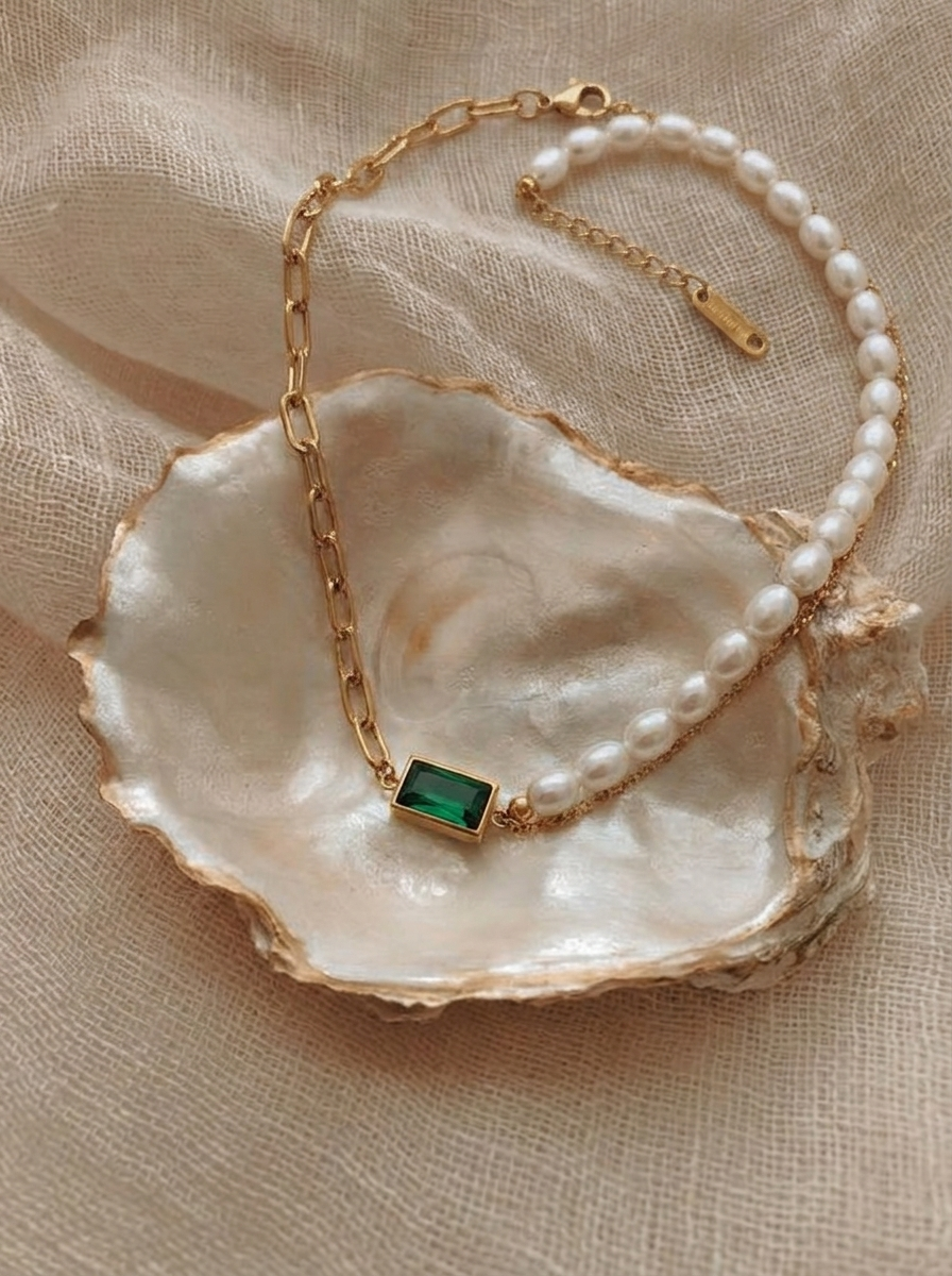 Emerald Pearl Dual Chain Statement Necklace