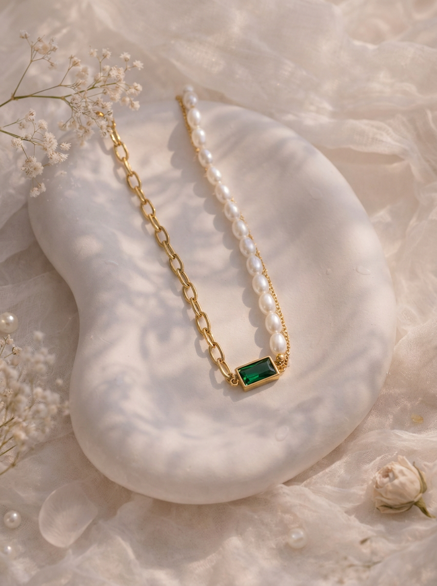Emerald Pearl Dual Chain Statement Necklace