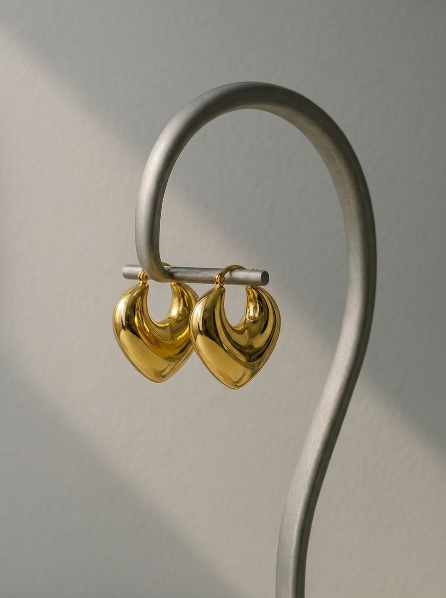 Sculpted Heart Hoop Gold Earrings
