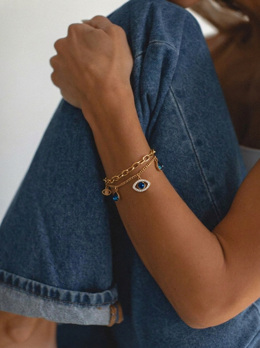 Layered Evil Eye Sapphire Charm Bracelet